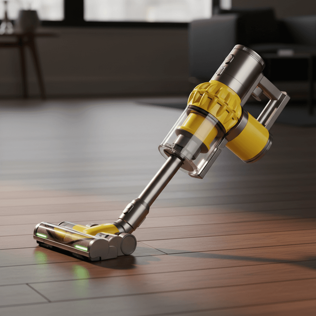 Dyson cordless vacuum cleaner in yellow and silver standing upright