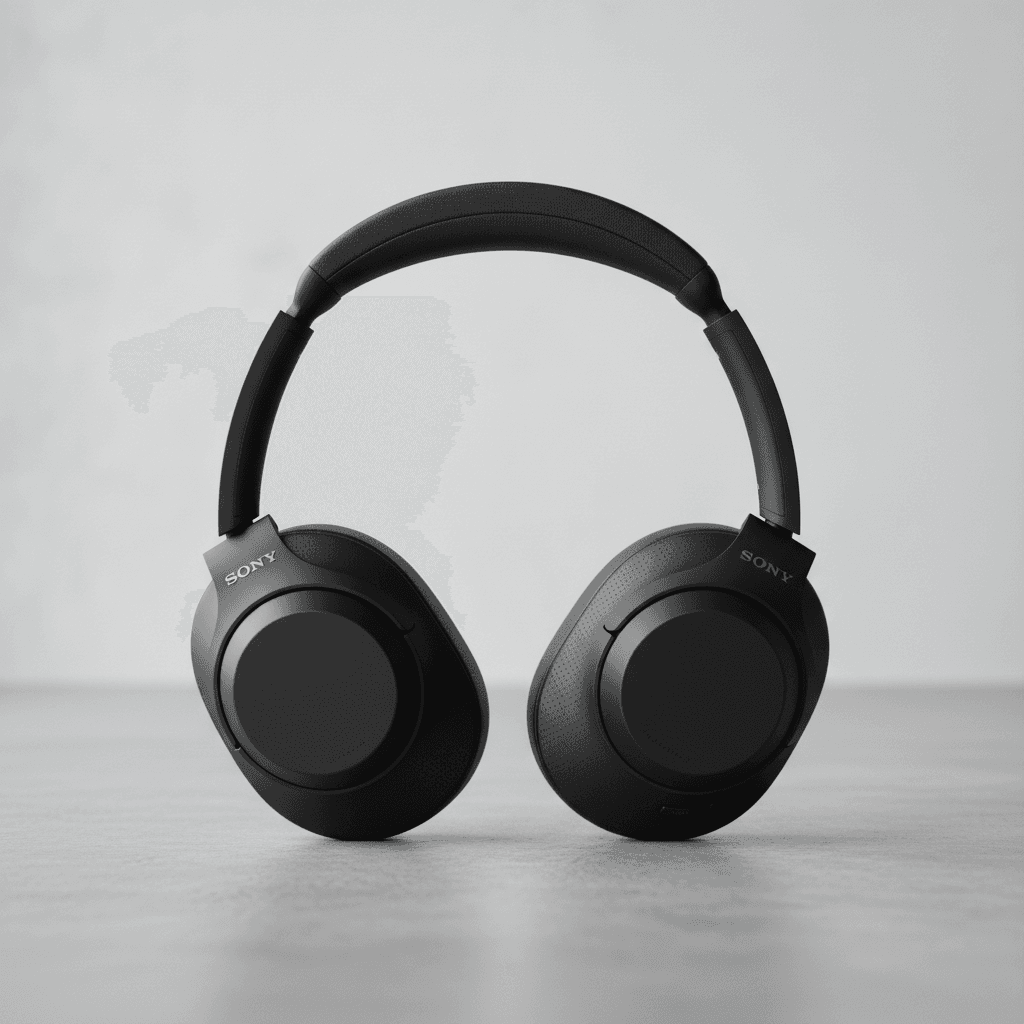 Black Sony WH-1000XM5 over-ear headphones on white surface