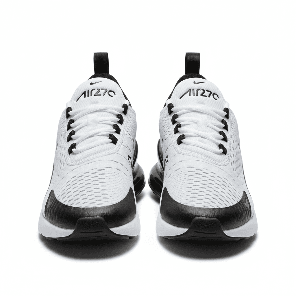 White and black Nike Air Max 270 React running shoes on clean background