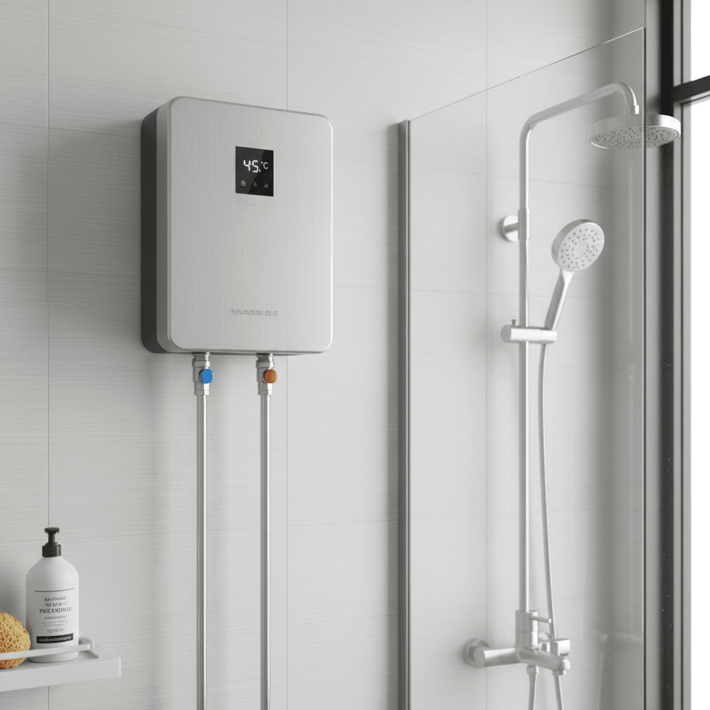 White Havells instant water heater mounted on bathroom wall
