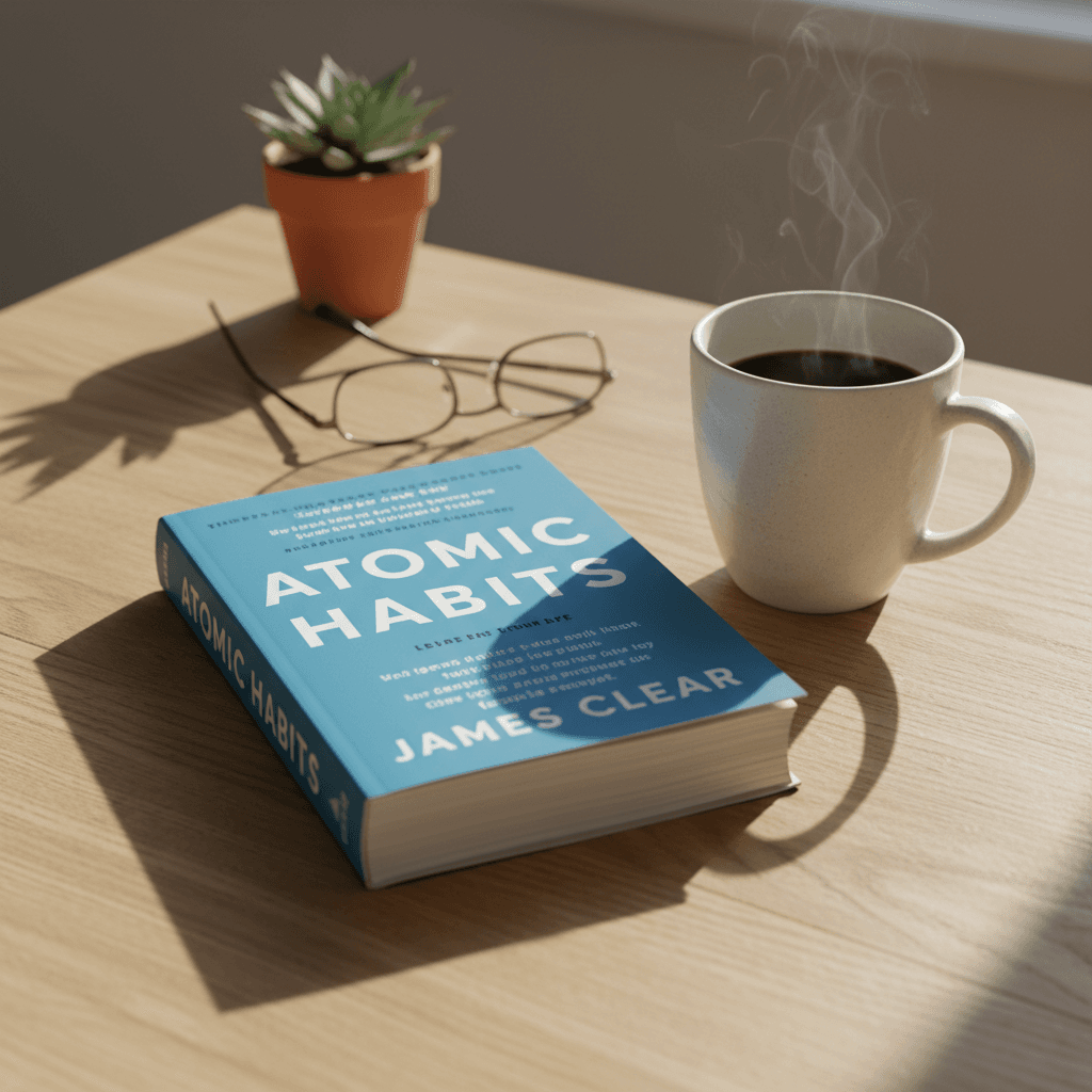 Atomic Habits book by James Clear with orange and yellow cover on wooden desk