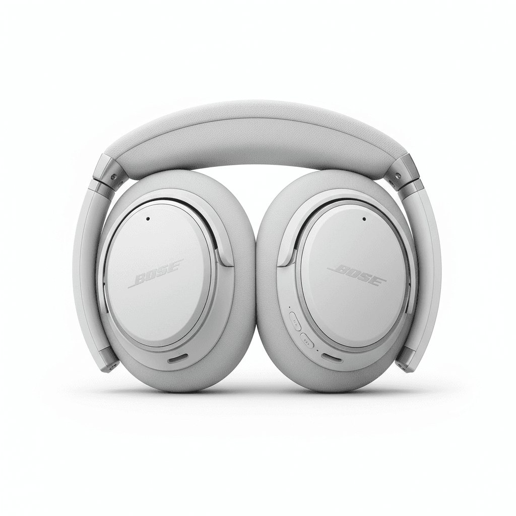 White Bose QuietComfort 45 headphones in open carrying case on grey background