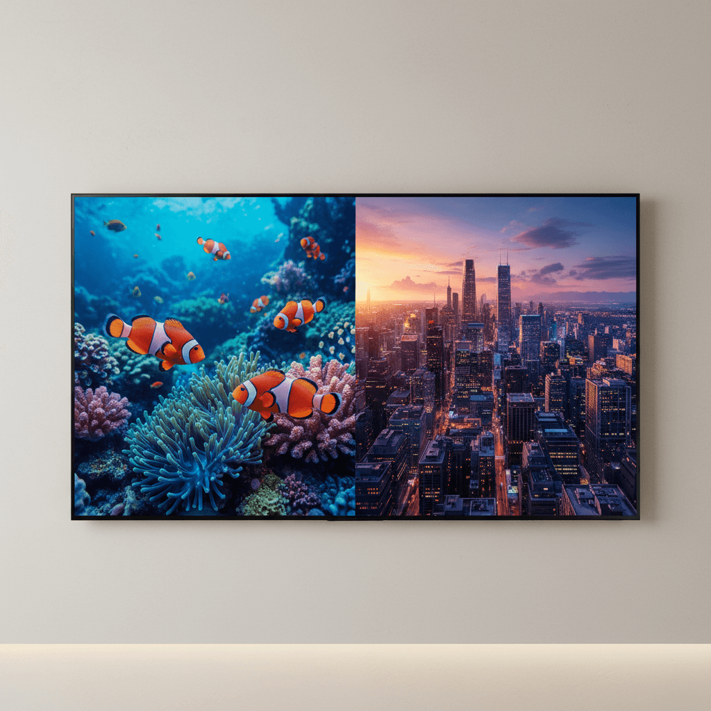 Samsung 55 inch 4K Smart TV mounted on white wall in living room