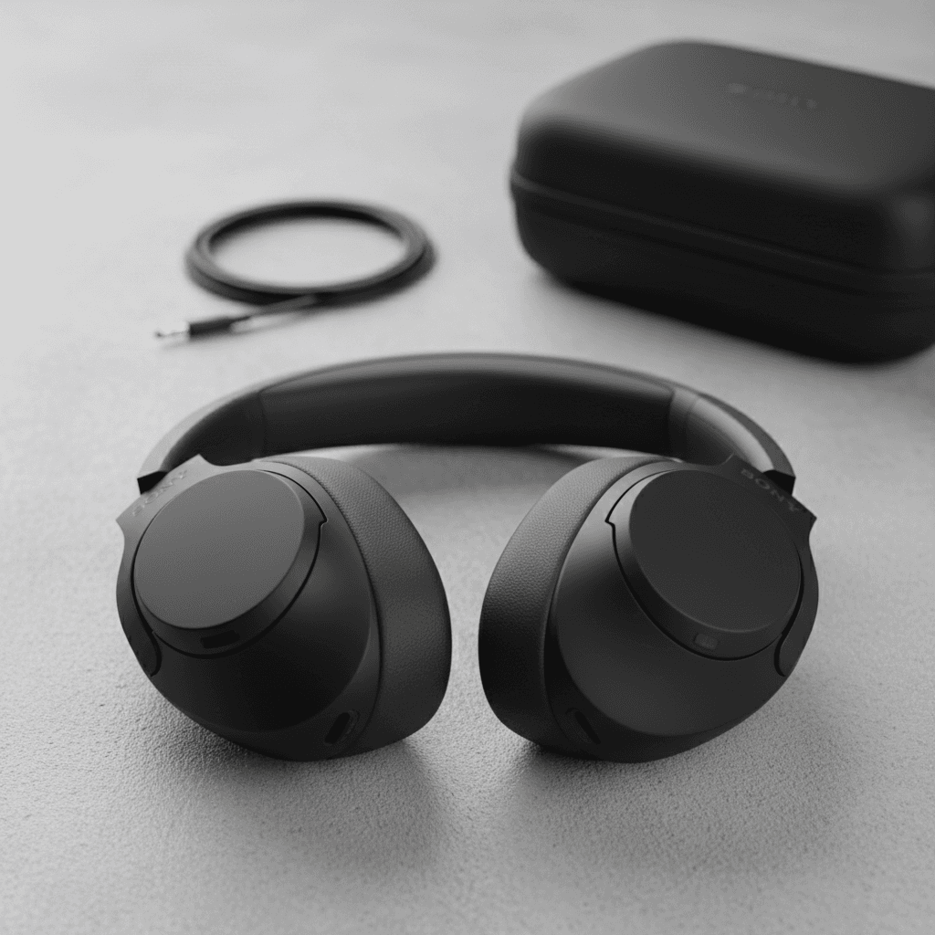 Black Sony WF-1000XM5 wireless earbuds in silver charging case on white surface