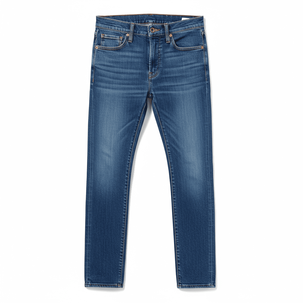 Dark indigo Levi's slim fit jeans laid flat on white surface