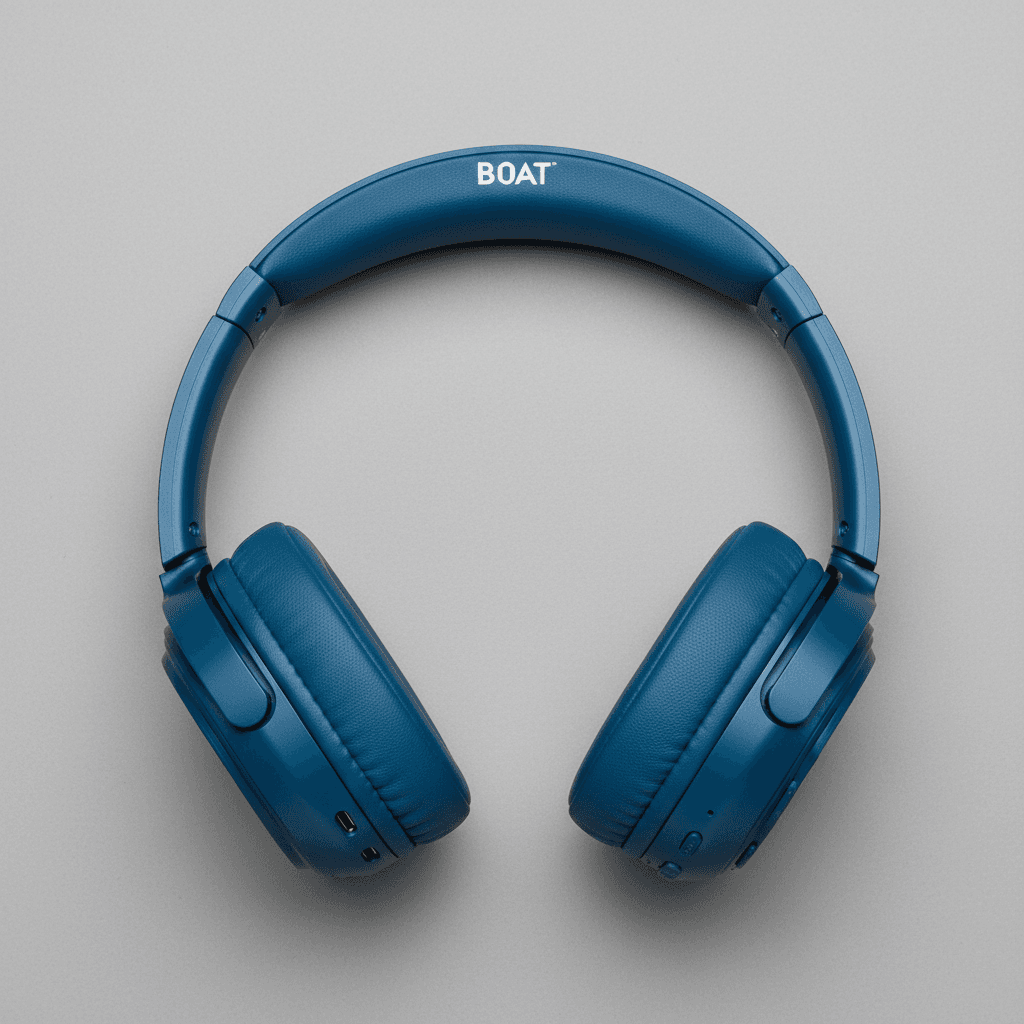 Black Boat Rockerz over-ear Bluetooth headphones on white surface