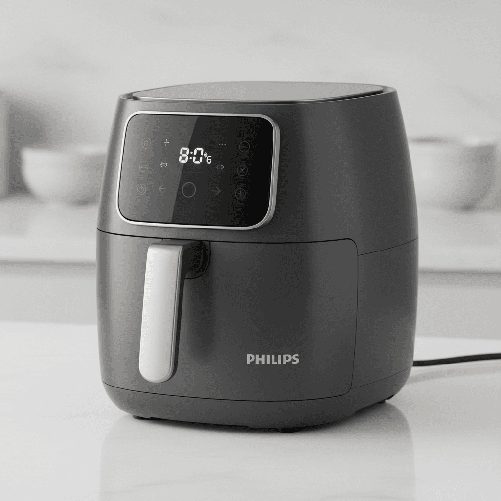 Black Philips air fryer with digital display on kitchen counter