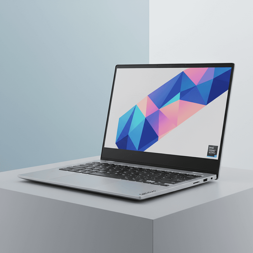 Silver Lenovo laptop open showing a bright screen on white desk