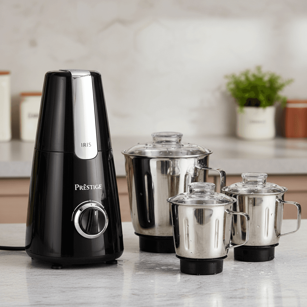 White Prestige mixer grinder with four stainless steel jars on counter
