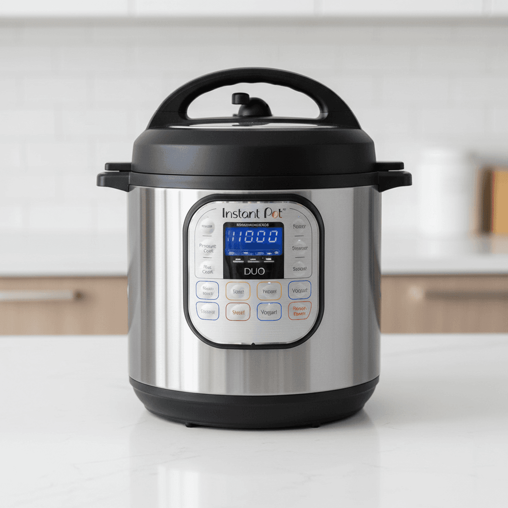 Stainless steel Instant Pot electric pressure cooker on kitchen counter
